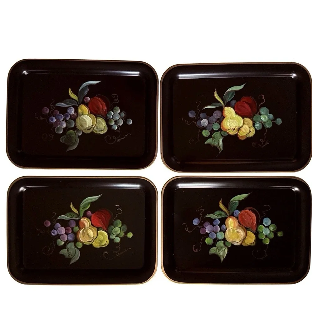 Vintage Tole Painted Metal Lap/Serving Tray set of‎ 4 ~17.5